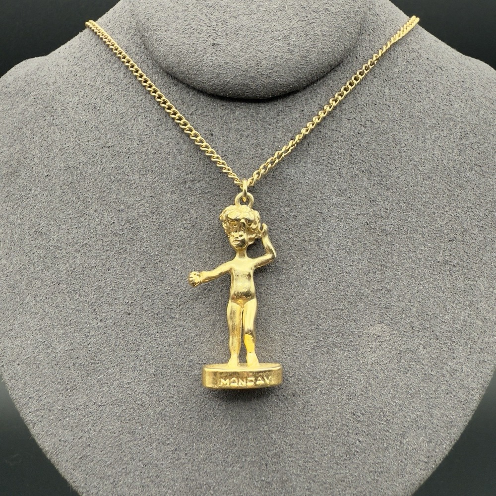 Vintage Gold Tone MONDAY Child Pendant Necklace Figural Mid Century Charm 18"